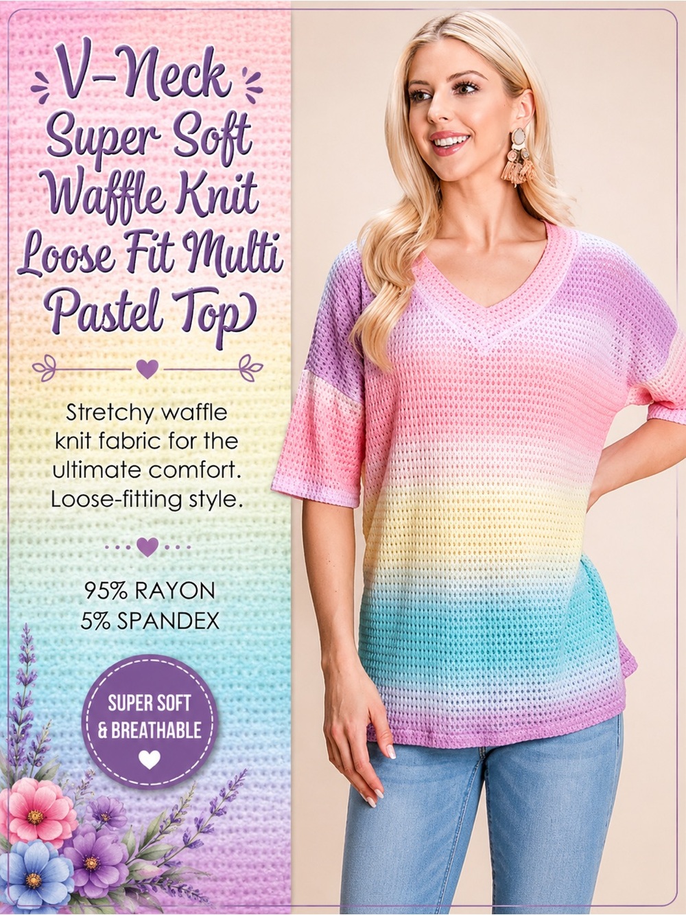 V-Neck Super Soft Waffle Knit Loose Fit Multi Pastel Top NEW